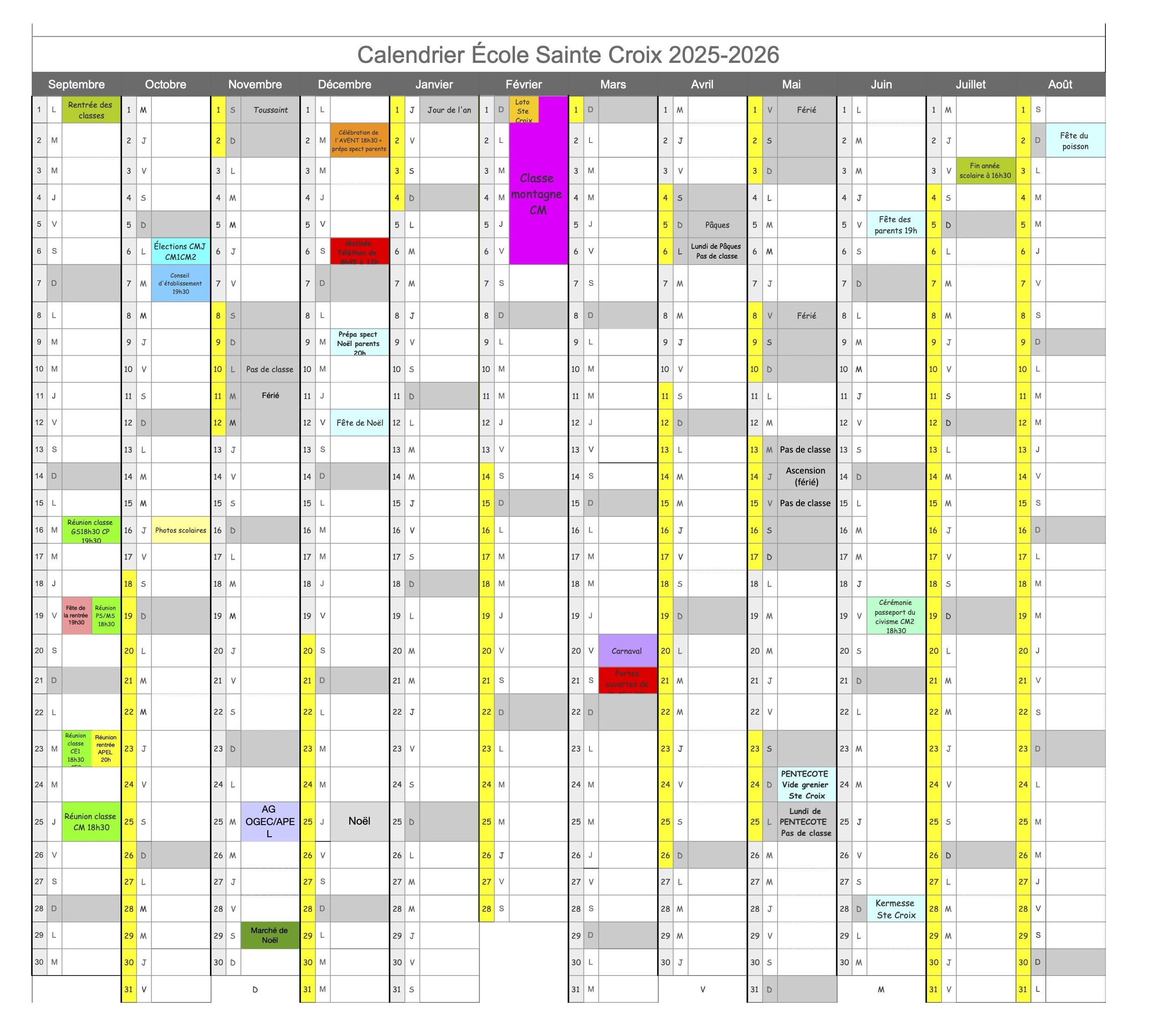 CALENDRIER ste croix 2025 2026