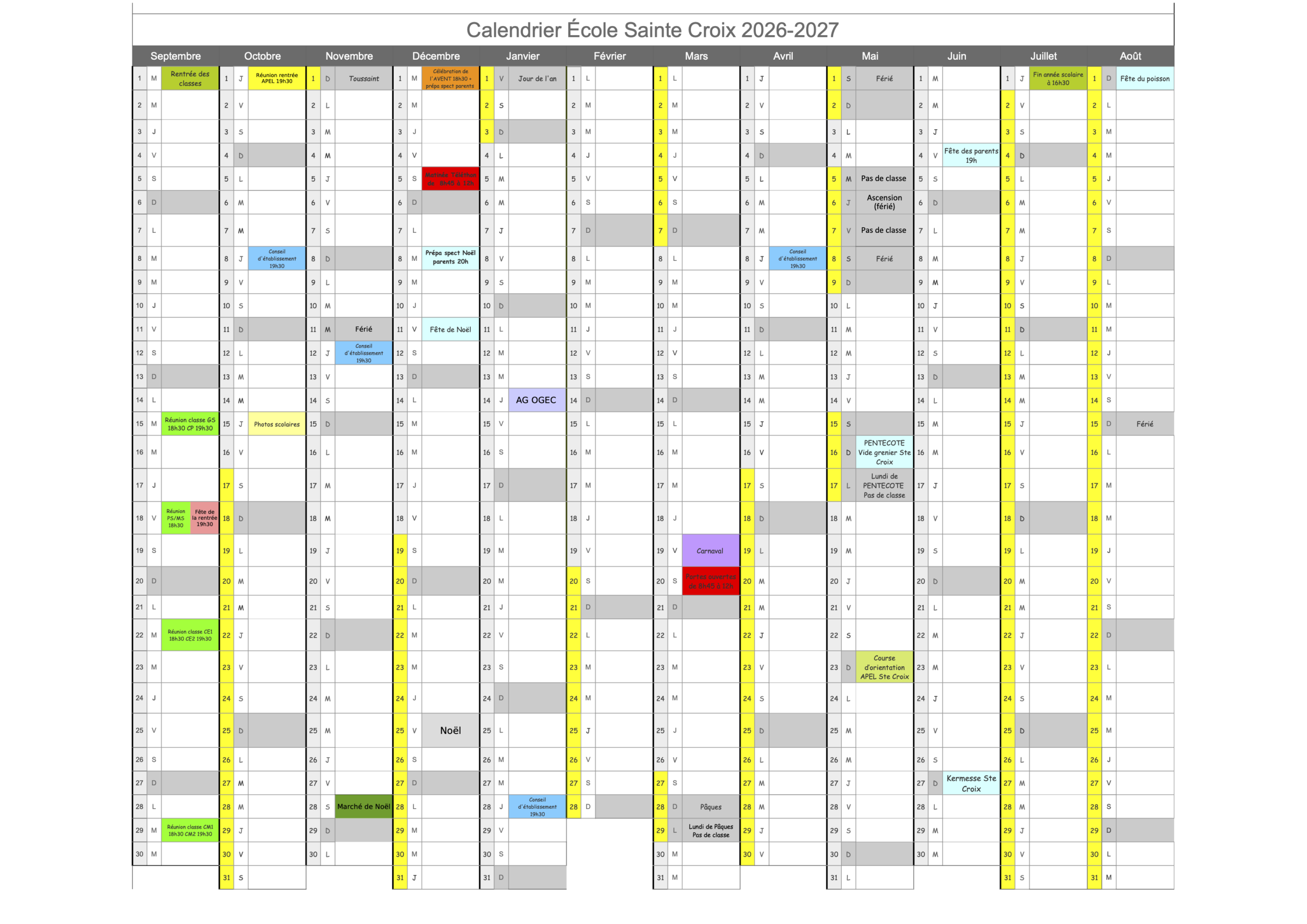 Calendrier des animations et événements de l'école Sainte Croix de Saint Gilles Croix de Vie